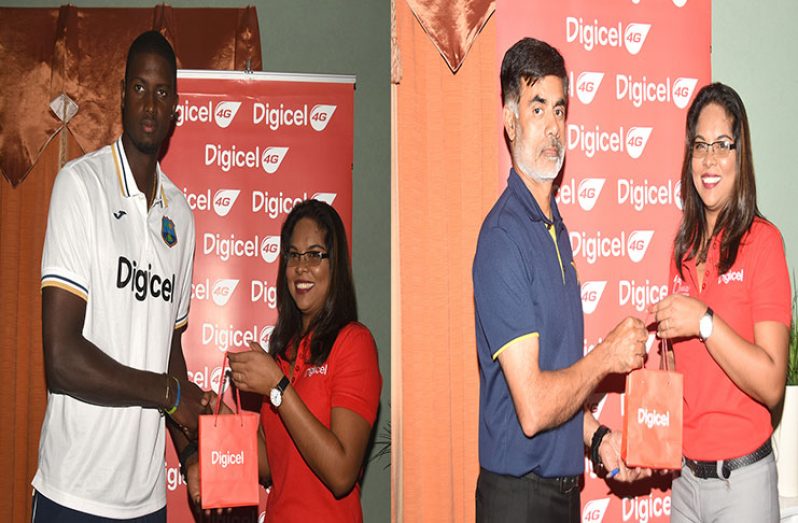 Digicel’s Communication Manager Vidya Sanichara makes a presentation to Pakistan and West Indies teams upon their arrival yesterday. (Adrian Narine photo)