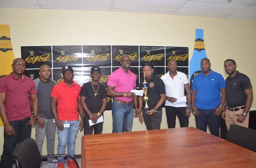 The top five DJs strike a pose with Lee Baptiste and Mortimer Stewart, Dwain Bristol and Justin Stoby of Banks DIH Limited.