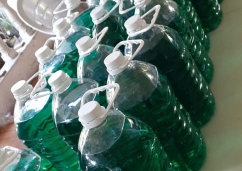 Large bottles of sanitising liquid prepared for the Rupununi
