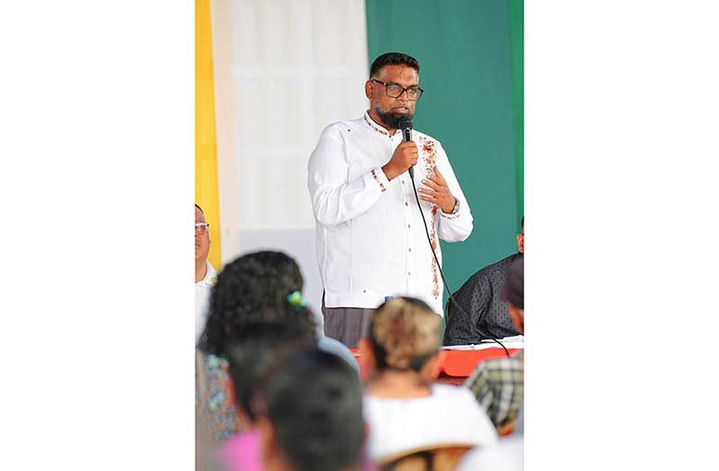 President Dr Irfaan Ali addresses residents at Santa Rosa