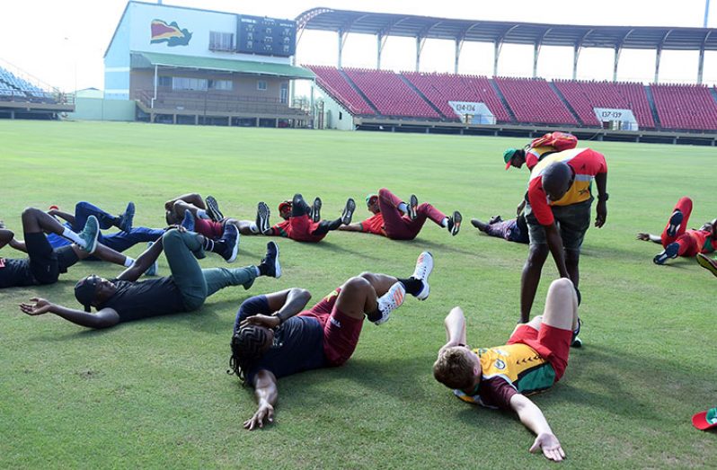 Some of Guyana Amazon Warriors players going through fitness drills at the national stadium, Providence.