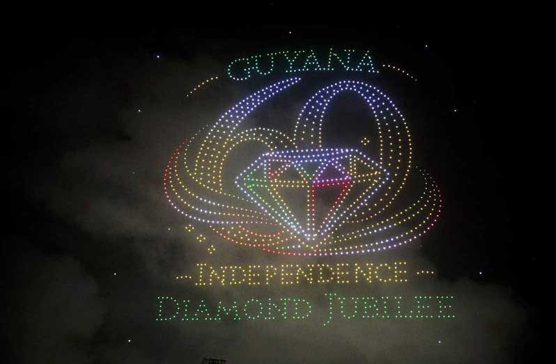 Drones illuminate the skies above the stadium during the Caribbean’s largest drone and light show (President Irfaan Ali facebook photo)