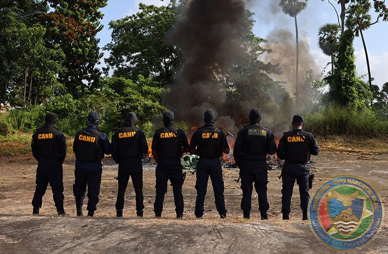 Ranks of the Customs Anti-Narcotics Unit (CANU) and the Guyana Police Force have destroyed over 2,000 kilos of cocaine and other illicit drugs that were seized over the last two years. The destruction took place on Saturday morning on an empty lot on Homestretch Avenue, in Georgetown