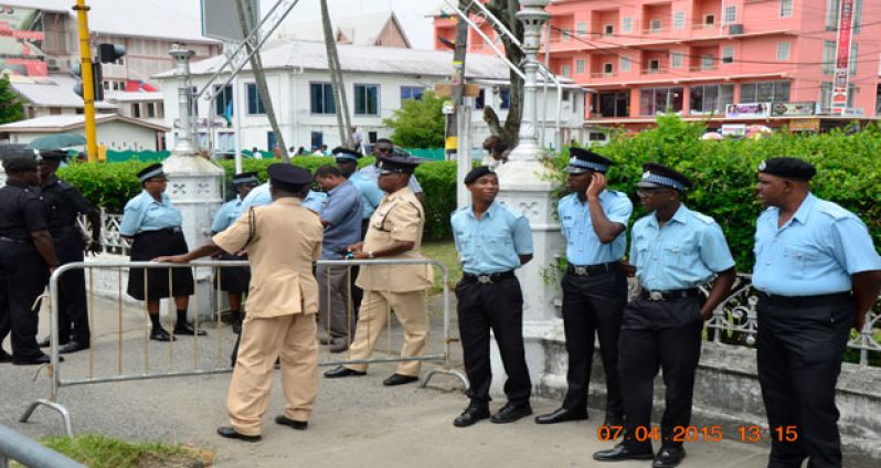 Police Patrols outside City Hall yesterday (Adrian Narine photos)