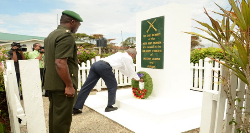 Commander-in-Chief of the Armed Forces President David Granger lays a wreath at the Veterans’ Monument on the lawns of Base Camp Ayanganna
