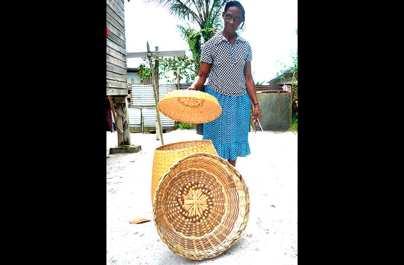 Monica Thomas, better
known as the “Basket Lady”
of North Timehri, East Bank
Demerara, has been making
various types of baskets for
many years. The 60-year-old
has her eyes set on retirement,
but until she can pass
on her craft, Thomas is making
do by making baskets to
order as best she can (Carl
Croker photo)