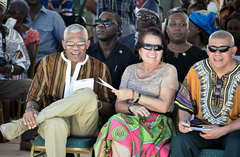 resident David Granger, First Lady, Mrs. Sandra Granger, and Minister of Social Cohesion, Dr. George Norton enjoy an Emancipation programme.
Non-Aligned-Monument: The Non-Aligned Monument located on the Avenue of the Republic, Georgetown. (This photograph is courtesy of the National Trust of Guyana).