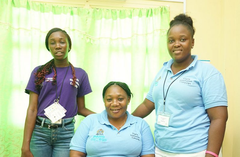 Filaria Elimination Campaign employee, Tonisha Porter, flanked by Regional
Coordinator Shonnel Watson and Supervisor Shayna Solomon at the #10/Strath
Campbell Health Centre (Carl Croker photos)