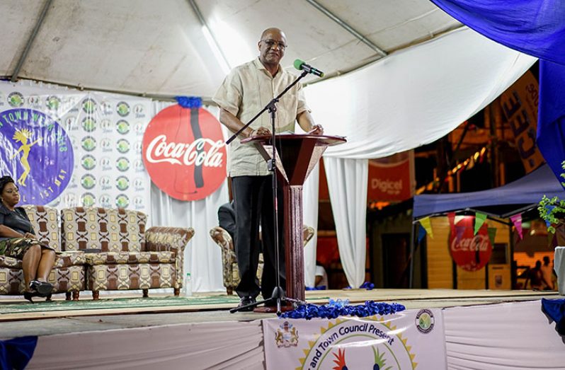 Minister of State Joseph Harmon delivering the feature address at the opening of  Linden Town Week 2018 (Ministry of the Presidency photo)