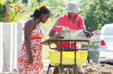The fish vendor Neil Chatawoo as he interacts with a resident, who was making a purchase of fish in Stewartville Village. (Carl Croker photo)