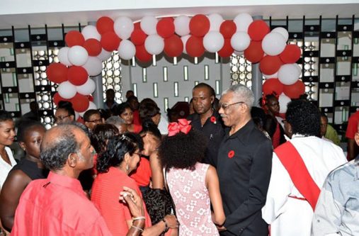 President David Granger interacting with some members of the congregation of the Ebenezer Lutheran Church during the 'Reformation Sunday' service
 
