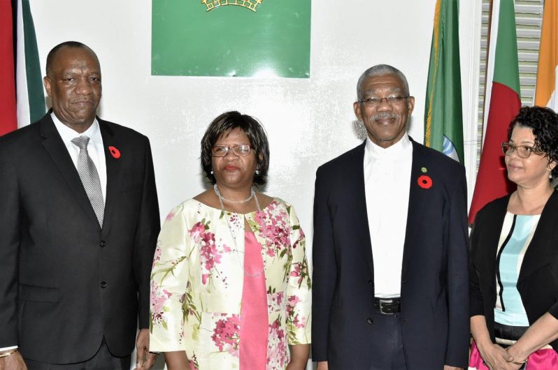 _dsc3050 President David Granger poses with (from left) Acting Minister of Foreign Affairs, Hon. Joseph Harmon, non-resident High Commissioner of the Republic of South Africa to Guyana, Her Excellency Xoliswa Nomathamsanqa Ngwevela and Director General of the Ministry of Foreign Affairs, Ambassador Audrey Waddell