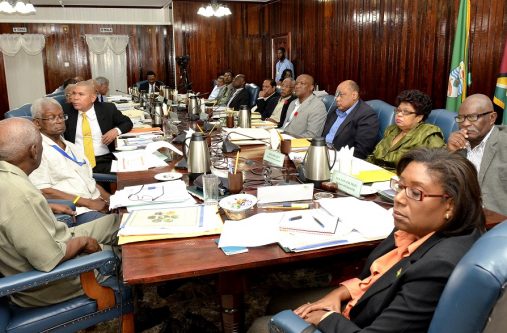 President David Granger (fifth from right) and Members of his Cabinet being briefed by the Chief Executive Officer of the Guyana Sugar Corporation (GuySuCo) Mr. Errol Hanoman, at Cabinet meeting today.