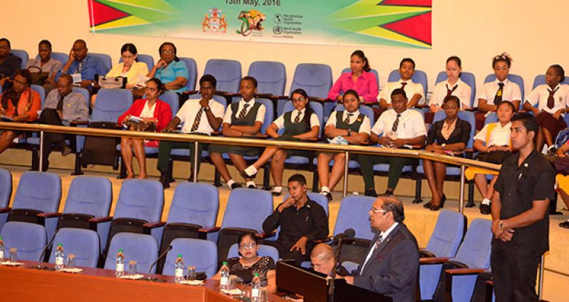 Prime Minister Moses Nagamootoo addressing the audience at the National Health Symposium at the Arthur Chung Conference Centre at Liliendaal (Adrian Narine photo)