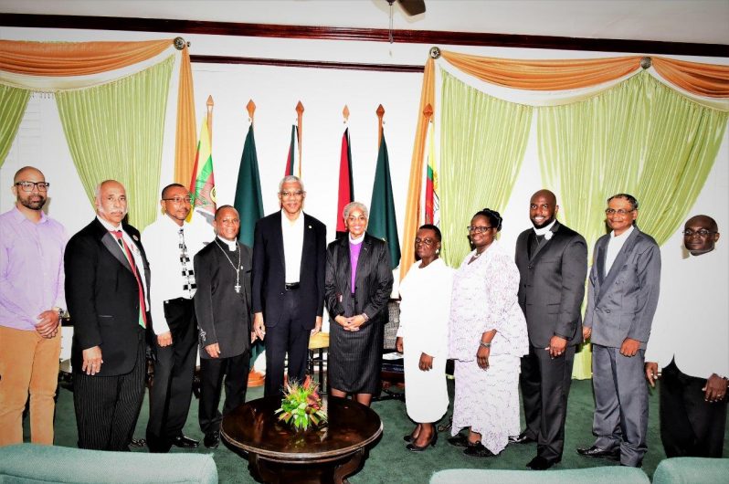 From left: Mr. Damion Edwards from Ohio, Mr. Gordon Holder, Mr. Troy Parris, Mr. Andrew Morris Grant, President David Granger, Bishop Dr. E. Anne Henning Byfield, Ms. Maylene Loncke, Ms. Marci Stanford, Mr. Carlos Perkins of the United State Virgin Islands, Mr. Sam Chetram from Suriname, and Mr. Rawle Wilson