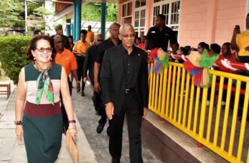 President David Granger and First Lady, Mrs. Sandra Granger arriving at the Ptolemy Reid Rehabilitation Centre for its 50th anniversary celebration, earlier today.