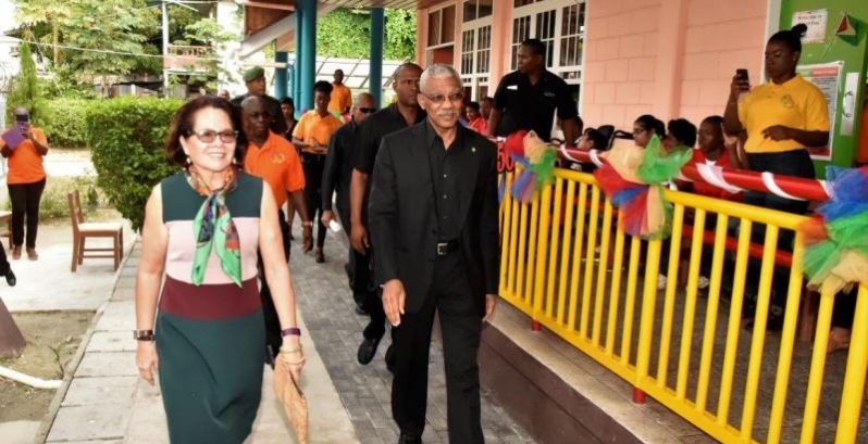 President David Granger and First Lady, Mrs. Sandra Granger arriving at the Ptolemy Reid Rehabilitation Centre for its 50th anniversary celebration, earlier today.