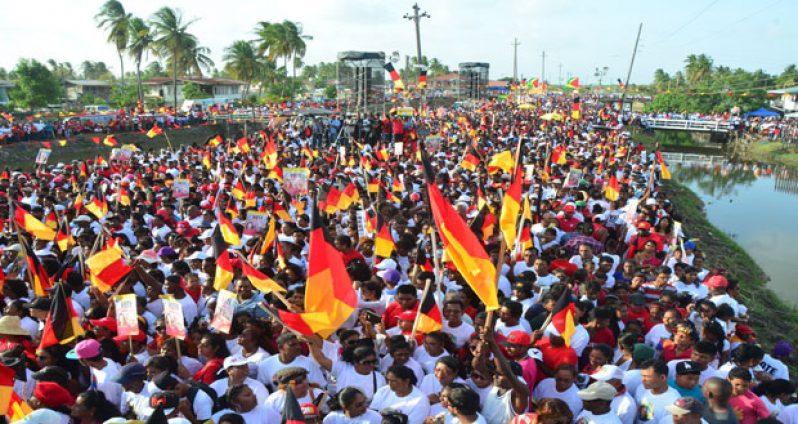 The mammoth crowd that attended the PPP/C’s 2015 elections campaign rally at Albion in Berbice