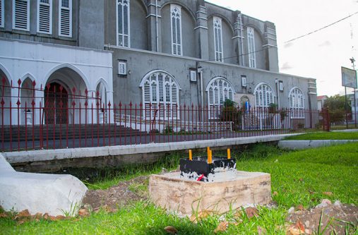 The foundation of a parking meter which was recently erected outside the Cathedral of the Immaculate Conception on Brickdam