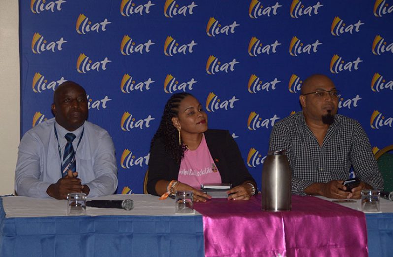 Seated at the head table are, from left: LIAT Operations Manager Orin Walton; ABTA Marketing Consultant Charmaine Spencer; and LIAT’s Head of Sales and Marketing Egbert Riley (Photos by Adrian Narine)