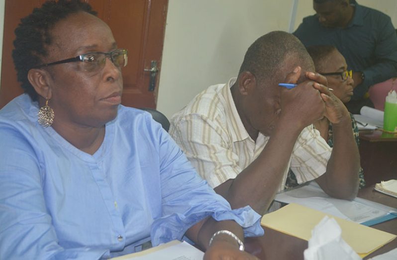 Chairperson of the Regional Education Committee Region Ten, Denise Belgrave, makes her presentation, while Councillor Charles Sampson and Kwakwani Councillor, Mavis Lewis look on attentively.