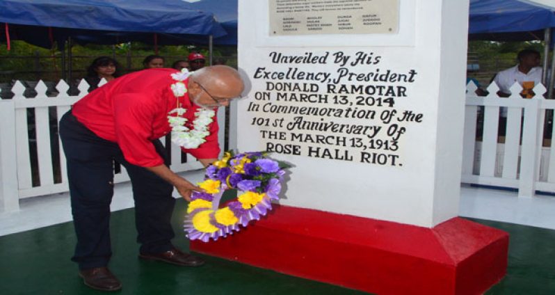 President Ramotar lays a wreath at the Rose Hall Martyrs' monument