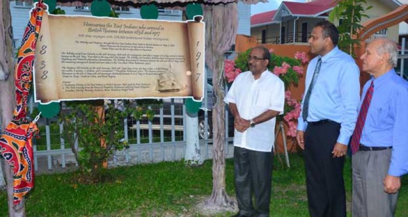 The Indian High Commissioner, Mr. Venkatachalam Mahalingam (left), Frank Anthony (centre) and Dr. Yesu Persaud (left) after they unveiled the first piece in the Open Air Museum (Adrian Narine photo)