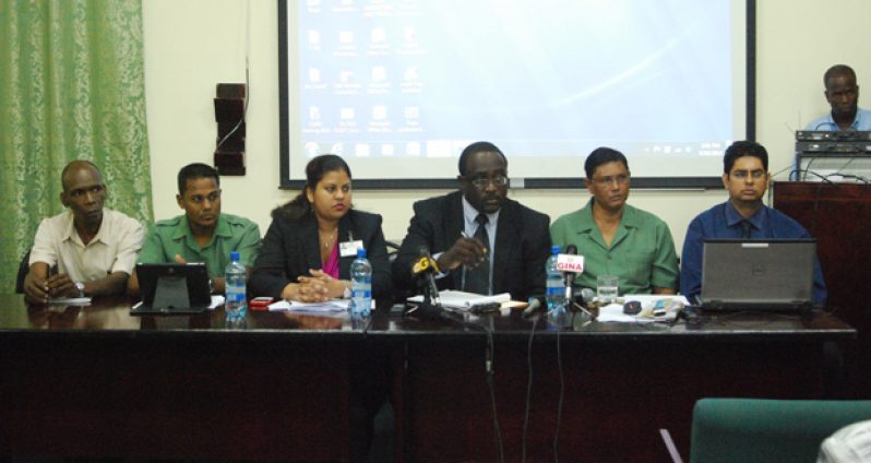 Head table at the GFC press conference, from left, GFC Direction, Mr. Godfrey Marshall; Deputy Commissioner of the Forest Monitoring Department, Mr. Tasreef Khan; Head of Planning of the Forestry Resource Management Department, Ms. Pradeepe Bholonauth; Corporate Secretary and Attorney-at-Law, Mr. Jacey Archibald; Forestry Commissioner, Mr. James Singh and Finance Head Mr. Edward Goberdhan