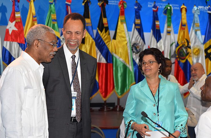 President David Granger with Ambassador Colin Granderson, Assistant Secretary- General of the Caribbean Community (CARICOM) and Director- General at the Ministry of Foreign Affairs, Ambassador Audrey Waddell at the Fifth Summit of Heads of State and Government of the Community of Latin American and Caribbean States (CELAC)