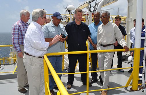 President David Granger visited the oil and gas exploration drill ship of ExxonMobil, the Deepwater Champion, in May 2015