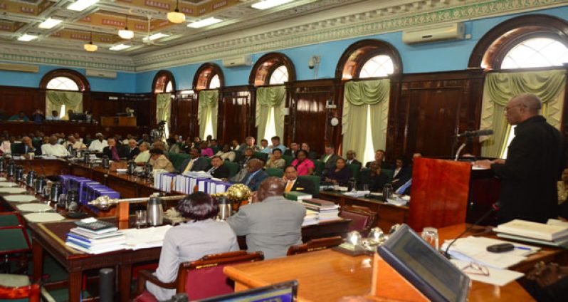 President David Granger addresses the National Assembly in the absence of the Opposition People’s Progressive Party/Civic. Seated are Members of Parliament from the APNU+AFC coalition Government (Adrian Narine photo)
