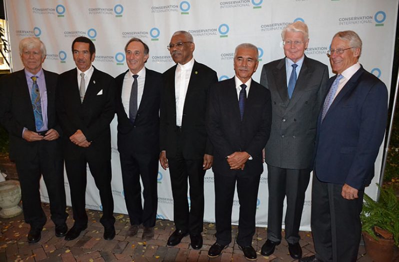 from left are: Mr. Russell Mittermeier, PhD., Executive Vice Chair, Conservation International; President Ian Khama of Botswana; Chairman, Chief Executive Officer and Co-founder of Conservation International, Mr. Peter Seligmann; President David Granger: former President Anote Tong of Kiribati; former President Olafur Ragnar Grimsson of Iceland; and Chairman of the Executive Committee, Mr. Rob Walton