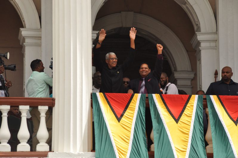 Dawn of a new Era, Guyana’s President and Prime Minister going forward, Brigadier (rtd) David Granger and Moses Nagamootoo acknowledges supporters converged at Public Buildings