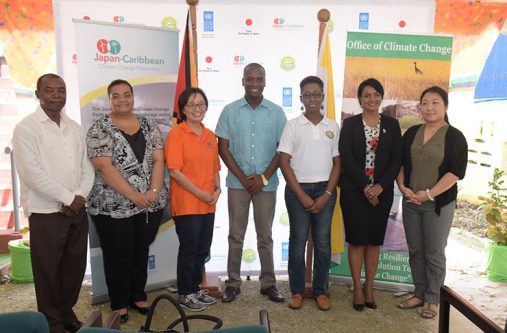 UNDP Programme Specialist, Dr. Patrick Chesney; Ms. Astrid Foo-Lynch of the Office of Climate Change; United Nations Resident Coordinator and UNDP Resident Representative, Ms. Mikiko Tanaka; Mayor of Bartica, Mr. Gifford Marshall; Head of the Office of Climate Change within the Ministry of the Presidency, Ms. Janelle Christian; Deputy Mayor of Bartica, Ms. Nageshwari Kamal Persaud and Japan-Caribbean Climate Change Partnership Project Manager Ms. Yoko Ebisawa at the launch in Bartica.