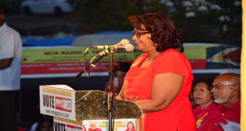 PPP/C Prime Ministerial Candidate Elisabeth Harper addresses the rally at Lusignan