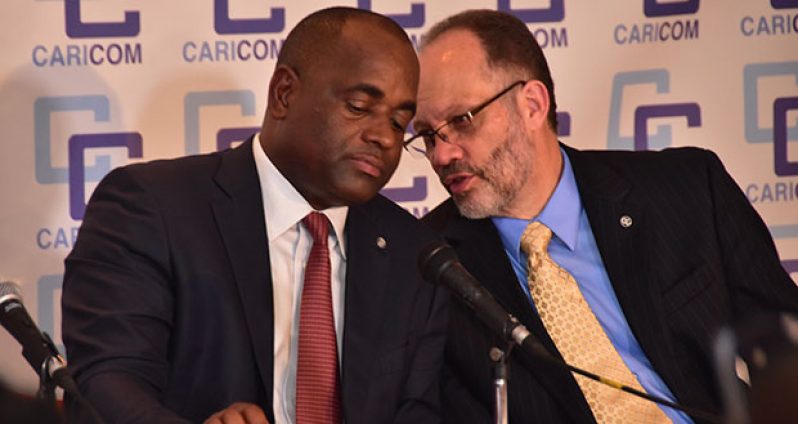 From left, CARICOM Chairman and Dominica Prime Minister Roosevelt Skerrit and CARICOM Secretary-General Irwin LaRocque at Thursday evening’s closing press conference for the 37th Heads of Government meeting