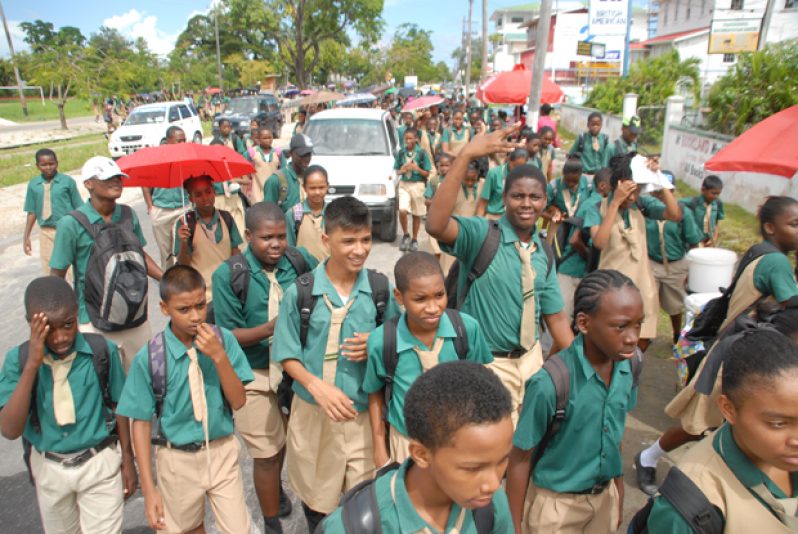 The children leaving their safe point and returning to their classrooms yesterday morning