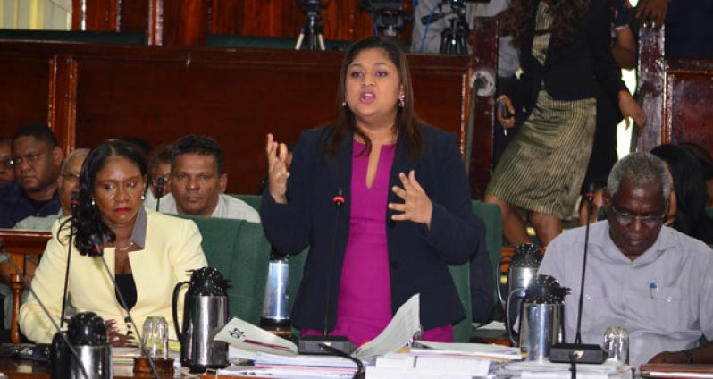 ‘NO GAG’: Education Minister Priya Manickchand speaking in the National Assembly yesterday. (Adrian Narine photo)
