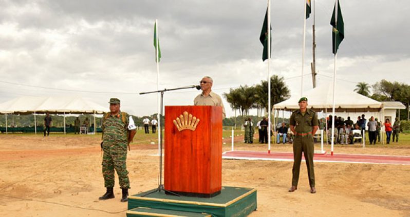 President David Granger addresses the troops upon  completion of the 'final attack' and consequently, Exercise HOMEGUARD, at the Tacama Training Area, early Thursday morning