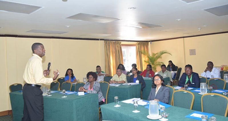 Consultant Steve Maximay addressing stakeholders at the FOA Disaster Risk Management Stakeholder Consultation, held at the Cara Lodge. Seated at front right is UNDP Deputy Representative Shabnam Mallick