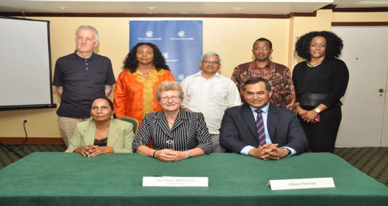 Chairperson of the Commonwealth Observer group and former Member of Parliament of New Zealand, Kate Wilkinson (seated, centre) along with a team of persons from several Commonwealth countries who are in Guyana to observe the May 11 General and Regional Elections (Delano Williams photo)