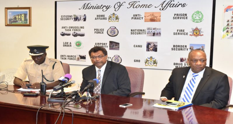 From right to left: Minister of State, Joseph Harmon; Minister of Public Security, Khemraj Ramjattan; and Head of the Camp Street Prison, Kevin Pilgrim at the press conference at the Ministry of Public Security on Friday