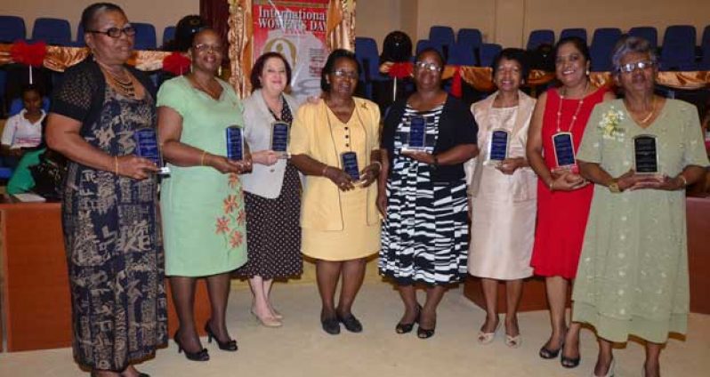 L-R Recipients of Awards: Ann Greene, Lorene Baird, Gail Teixeria, Patricia Benn, Lydia Greene, Indranie Chandarpal, Hymawattie Lagan and Yvonne Stephenson