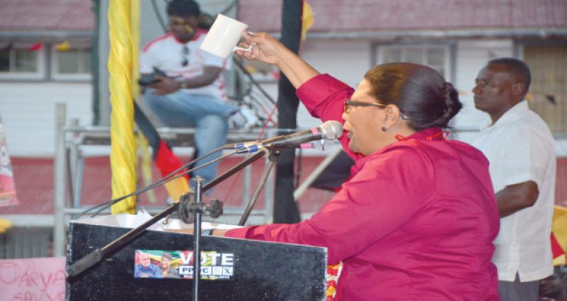 PPP/C Prime Ministerial Candidate Mrs. Elisabeth Harper, with the symbolic ‘Cup’ in hand, pledges her support to not only Berbicians but all Guyana