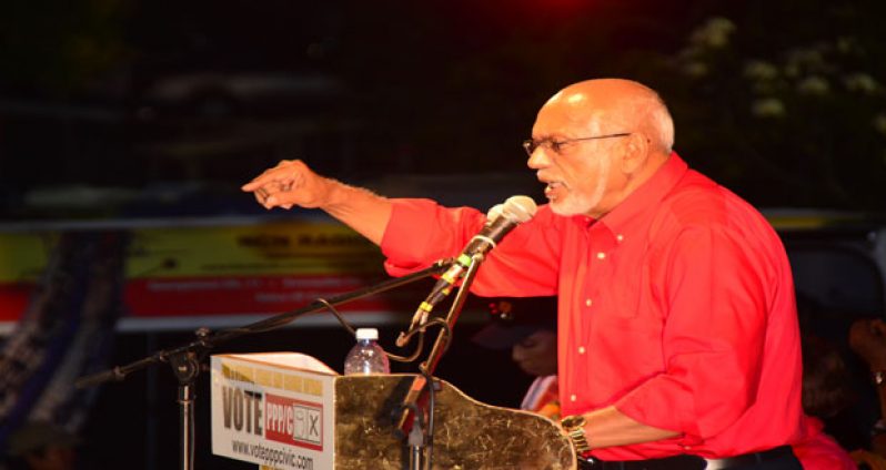 President Donald Ramotar addresses the massive Lusignan rally last evening