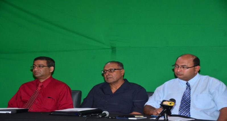 From left, Deputy Chief Executive Officer of GPL, Aeshwar Deonarine; GuySuCo’s Chief Executive Officer, Raj Singh; and Chairman of GPL Board of Directors, Winston Brassington at yesterday’s media briefing