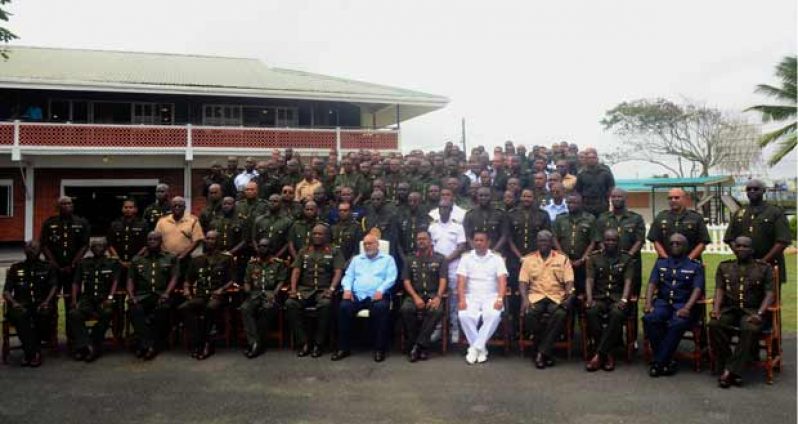 President Donald Ramotar (seated in front row) with GDF officers yesterday after the opening ceremony