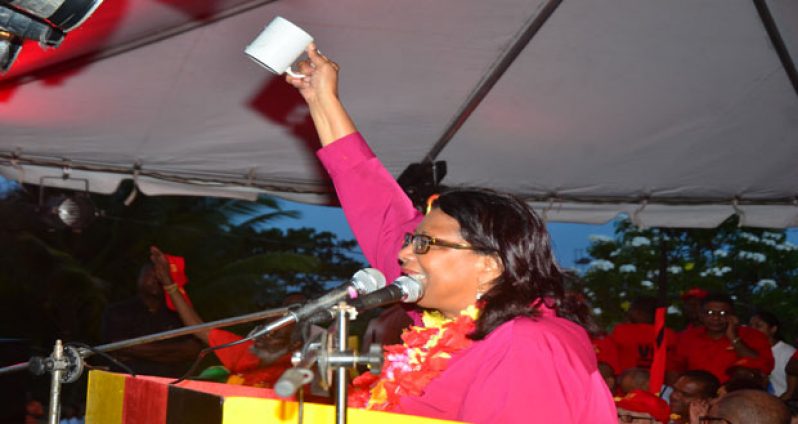 PPP/C’s PM Candidate Elisabeth Harper urging all to vote for the CUP (Photo by Adrian Narine)