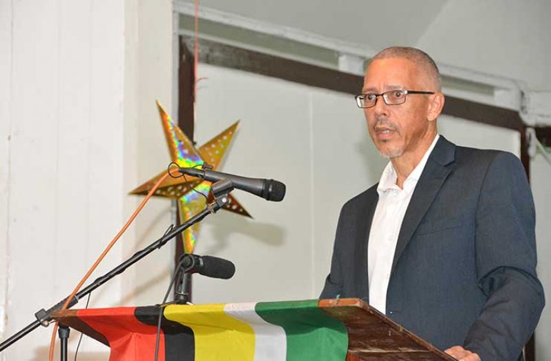 Minister of Public Telecommunications, Ms. Catherine Hughes makes a point during her presentation at the fund-raising dinner hosted by the Berbice Chamber of Commerce at the New Amsterdam Town Hall 