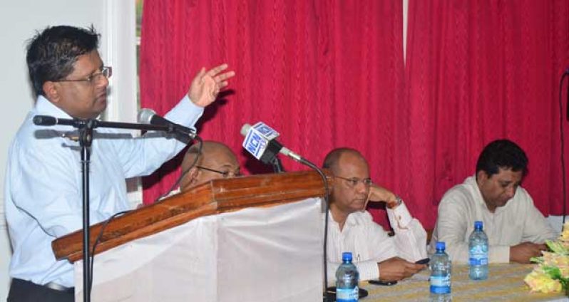 Finance Minister Dr Ashni Singh making his presentation at last night’s inaugural symposium at the ‘Red House’ to discuss the likely impacts of Guyana’s being blacklisted (Photos by Adrian Narine)